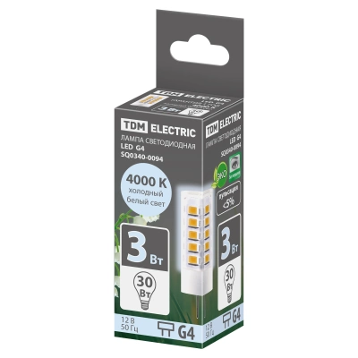 Лампа светодиодная G4-3 Вт-AC/DC 12 В-4000 К, SMD, 16x43 мм TDM